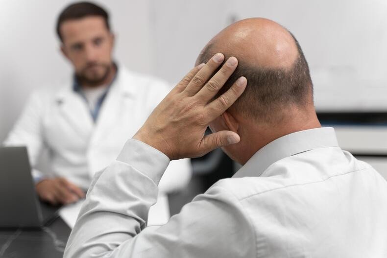 homme qui présente son alopécie à son médecin