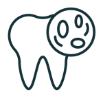 Pictogramme d'une dent avec une expression faciale inquiète, évoquant des problèmes de santé dentaire.