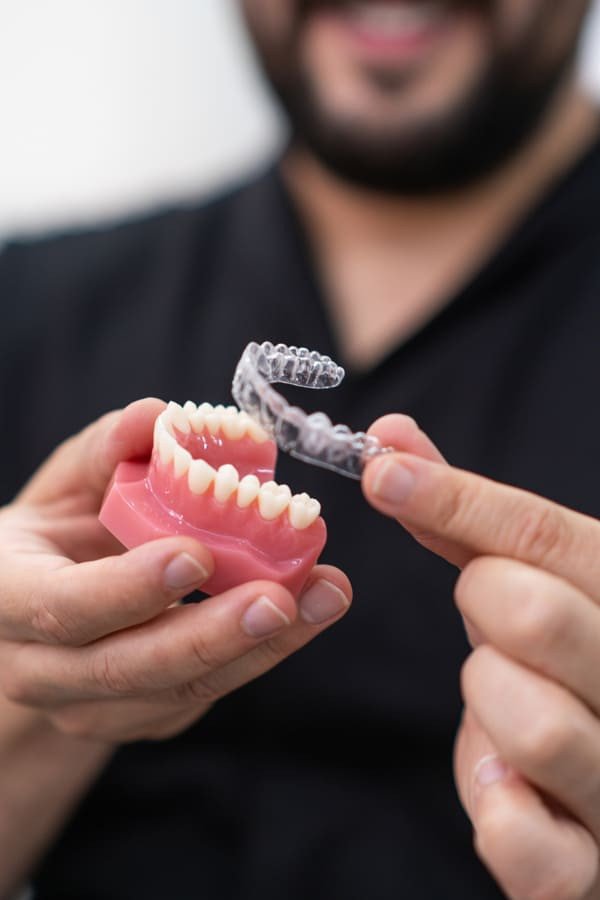 Dentiste tenant une gouttière occlusale transparente et une mâchoire modèle pour illustrer l'utilisation d'un appareil orthodontique.