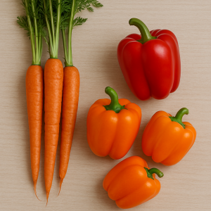 3 carottes, 1 poivrons rouge et 3 poivrons oranges