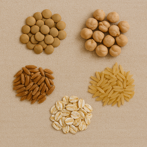 lentilles, pois chiches, riz complet, avoine
