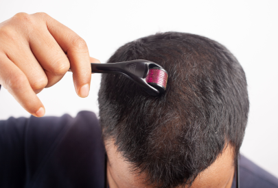 homme qui utilise un dermaroller pour cheveux